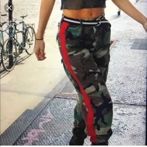 camo cargo pants with red stripe